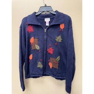 Crystal Kobe Womens Navy Blue Fall Leaf Applique Full Zip Cardigan Sweater M